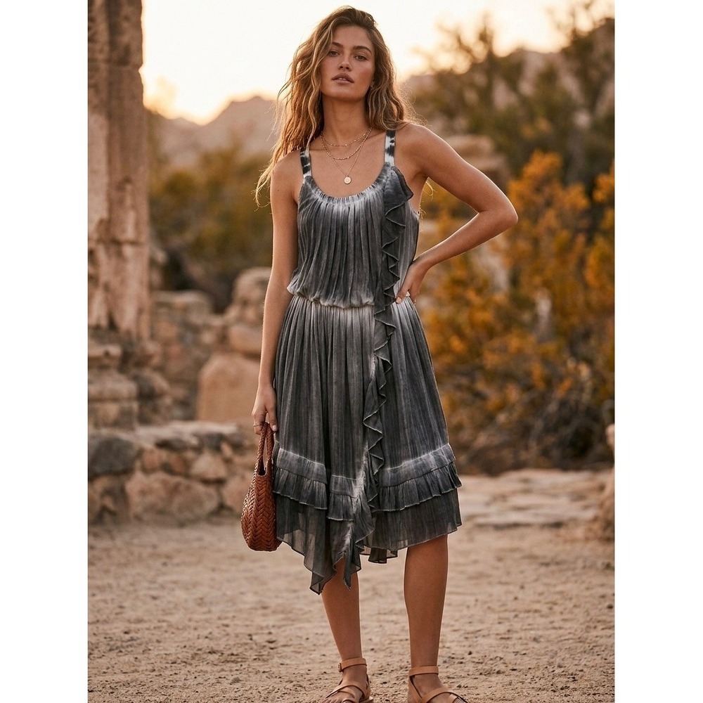 Free People Grey Acid Wash Tie Dye Ruffle Midi Dress Handkerchief Hem XS NEW